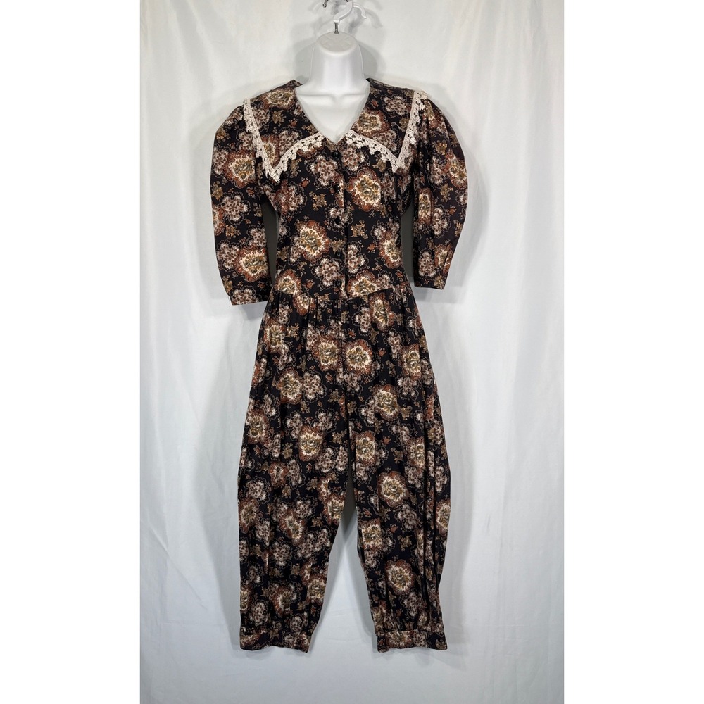 Vintage Blondie and Me Floral Paisley Jumpsuit Brown Lace Collar 80s USA Romper